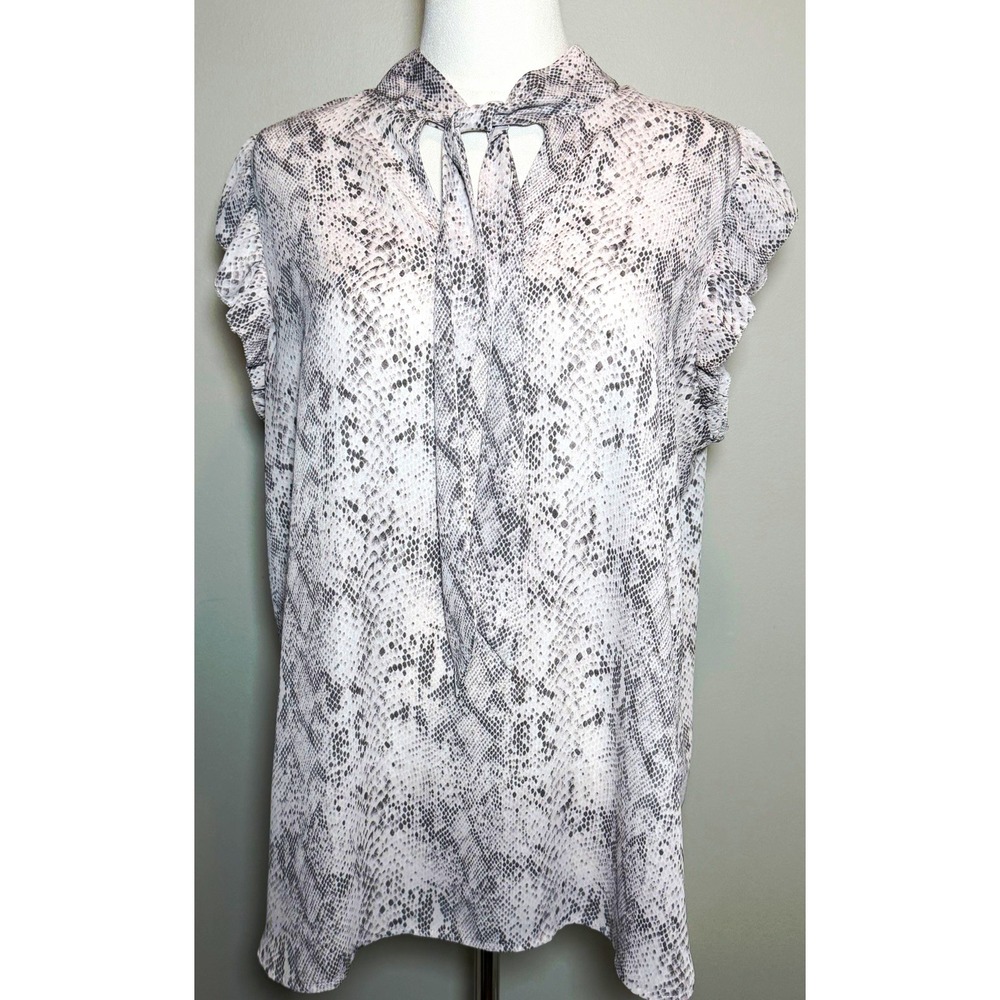 LOFT Gray White Snake Print V-Neck Ruffle Tie Chiffon Blouse Cap Sleeve L